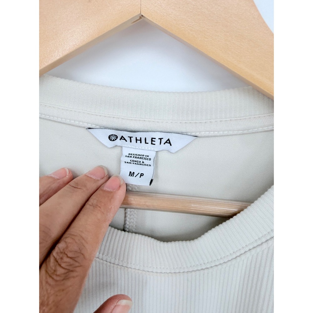 Athleta Renew Ribbed T-Shirt Dress M Beige Short Pockets Quiet Luxury Yoga - Picture 3 of 9